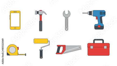 Colorful flat design tools set with smartphone and toolbox