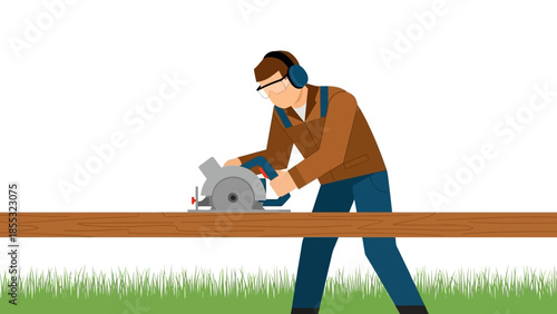 Carpenter using circular saw in outdoor work setting
