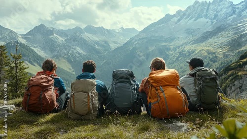 A group of people taking a break from hiking and admiring the breathtaking landscape in front of them.