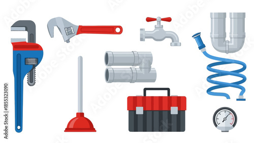 Comprehensive plumbing tools set featuring wrench, pipes, and toolbox