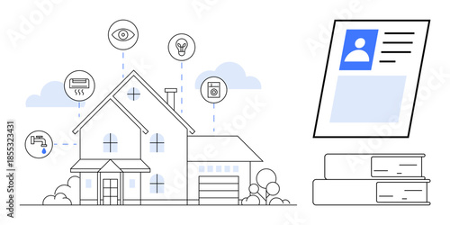 Smart home system. Smart home connected devices for security and automation. Smart home ecosystem integrates security cameras, lights, and data protection services. For IoT, home automation, AI