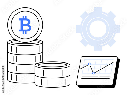 Bitcoin coin stack, analytical graph with price trend, and gear cog symbolize cryptocurrency, blockchain, trading, investment, financial growth, technology integration and innovation. A simple flat