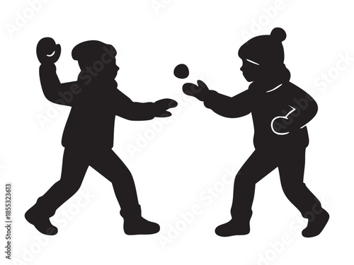 Black silhouette of two kids playing in snowball fight, winter fun scene, isolated on white background. concept of childhood, outdoor activity, winter icon, playtime, seasonal fun