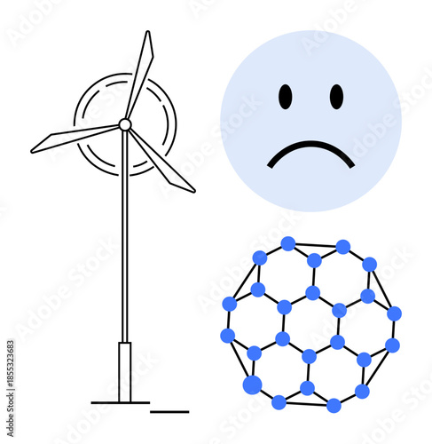 Renewable energy concept. Renewable energy ed by a wind turbine, climate concern reflected in a sad face, and molecular structure ideas for sustainable innovations and clean tech. Sustainable