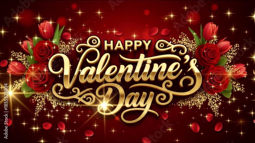 Romantic Valentine's Day Wishes | Elegant Red & Gold Floral Design with Sparkles, Roses & Tulips | Love Celebration Visuals