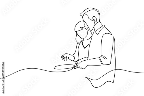 A continuous line a couple cooking together in the kitchen; food illustration. hand drawn line art vector illustration Editable stroke.