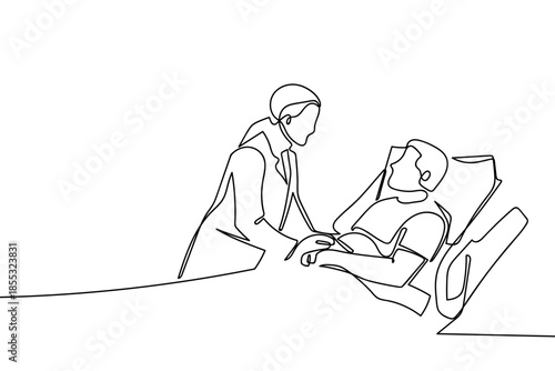 A continuous line. A female doctor is examining a patient lying on a bed in a patient room. Medical illustration. hand drawn line art vector illustration Editable stroke.