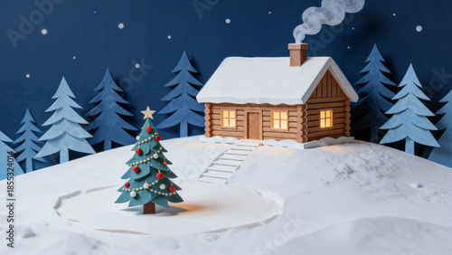Illustration of a snowy cabin and decorated Christmas tree in paper art style. Warm light glows from the windows, creating a festive winter mood.