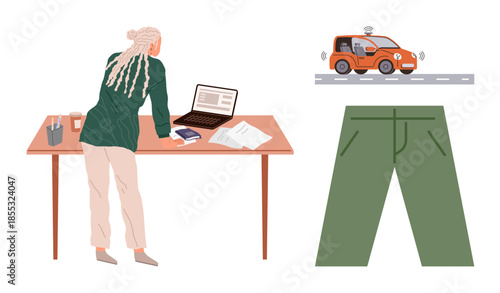 Woman reviewing papers and laptop on desk with cup and phone, self-driving car on road, green pants visual. Ideal for technology, automotive, work, multitasking, innovation, automation design