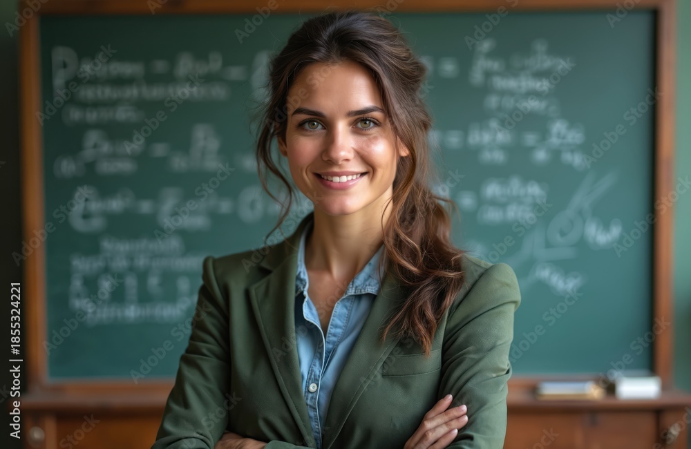 Fototapeta premium Smiling woman teacher stands by blackboard with math formulas. She wears a green jacket and denim shirt. Pro woman in a classroom setting. Female educator ready to teach.