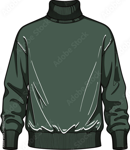 Green turtleneck sweater technical sketch, men casual knitwear fashion illustration, long sleeve pullover vector template, cozy winter clothing design, isolated apparel mockup,