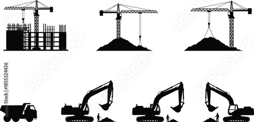 Heavy construction machinery silhouette set, excavator and tower crane vector icons, building site equipment illustration, industrial dump truck and worker silhouettes, isolated,
