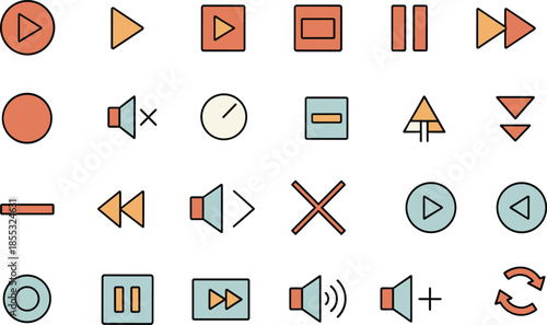 Collection of multimedia player control icons and symbols