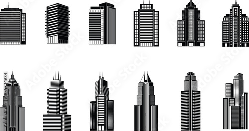 Modern skyscraper silhouette set, cityscape office building icons, high rise architecture vector, urban skyline construction elements, corporate real estate tower illustrations, isolated,