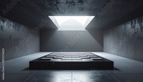 Empty, concrete room with a chess board on a pedestal, illuminated by a skylight