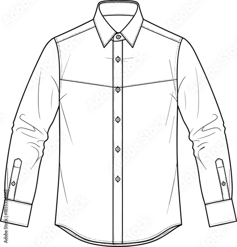 Mens formal long sleeve shirt technical drawing, button down dress shirt template, fashion flat sketch, apparel design mockup, clothing vector illustration, isolated white background,