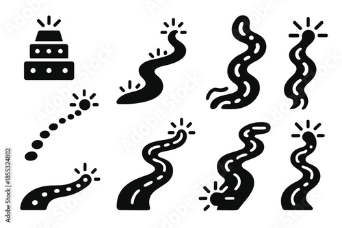 Luminous Pulse Pathways. Solid style icons of luminous pulse pathways: glowing step corridor, rhythmic light markers, path