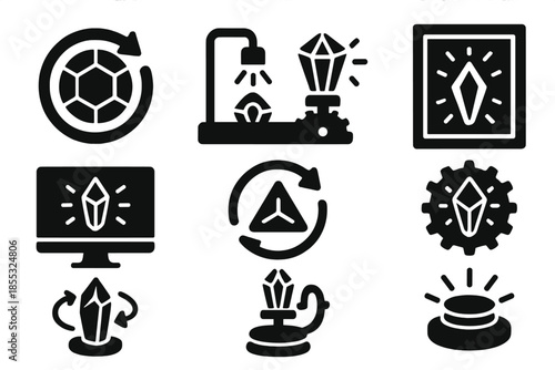 Gemstone Animation Devices. Solid style icons of gemstone animation devices: kinetic jewel disk, rotating gem projector, shining