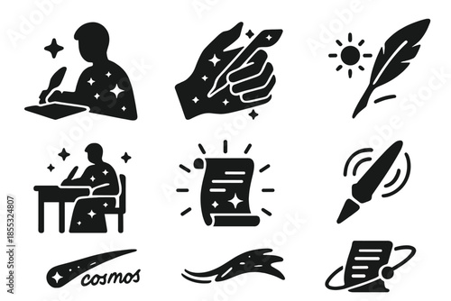 Cosmic Scribes Icons. Solid style icons of cosmic scribes: astral writer, galactic hand, solar quill, interstellar desk, glowing