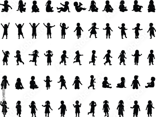 Set of toddler silhouettes, kids playing, jumping, walking and sitting, children group outline, nursery vector collection, little boy and girl figures, isolated elements,