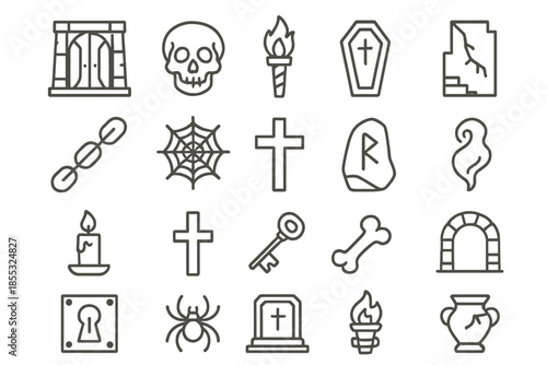 Ancient Crypt Icons. Line style icons of ancient crypts: stone door, skull, torch, coffin, chain, cobweb, cracked wall, stairway,