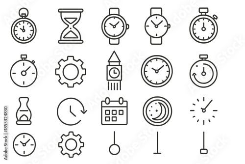 Timepiece Line Icons. Line style icons of clocks and time: pocket watch, hourglass, alarm clock, wristwatch, sundial, stopwatch,