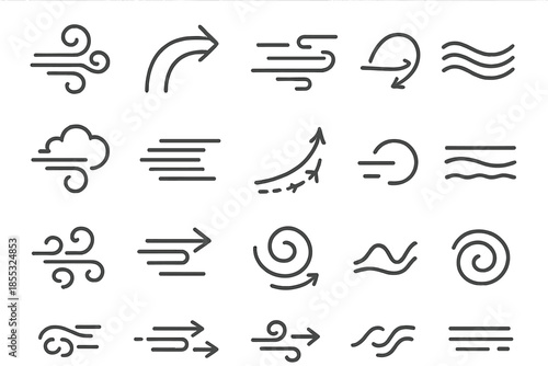 Jetstream Line Icons. Line style icons of jetstreams and motion: wind swirl, curved arrow, airflow, wave pattern, cloud streak,