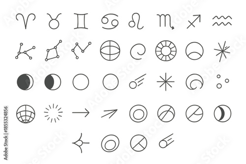 Celestial Line Art Icons. Line style icons of constellation design: zodiac symbols, constellation lines, star nodes, orbit arcs,