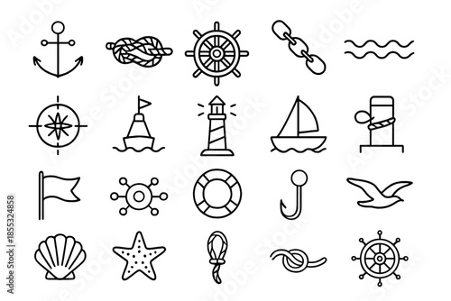 Nautical Line Icons. Line style icons of anchors and sailing: anchor, rope knot, ship wheel, chain, wave, compass, buoy,