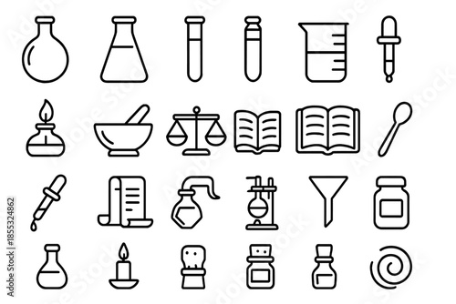 Alchemist Tool Icons. Line style icons of alchemist tools: round flask, beaker, vial, test tube, burner, mortar and pestle, scales