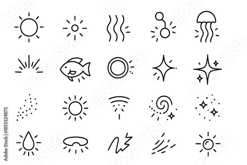 Bioluminescent Iconography. Line style icons of bioluminescence: glowing orb, spark dot, light wave, chemical glow, jellyfish