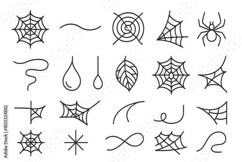 Spider Web Icons. Line style icons of cobwebs and spiders: spider web, thread line, spiral web, corner web, spider, strand, silk