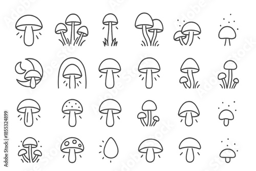 Glowing Mushroom Icons. Line style icons of glowing mushrooms: bioluminescent cap, forest fungi, tall stem, mushroom cluster,