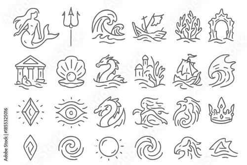 Ocean Mythology Icons. Line style icons of ocean mythology: mermaid, trident, storm wave, shipwreck, coral crown, sunken temple,