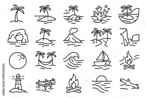 Tropical Island Icons. Line style icons of tropical islands: palm tree, sandy beach, rocky shore, coral reef, lagoon, sea arch,