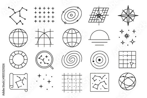 Celestial Map Icons. Line style icons of celestial maps: constellation lines, star grid, orbit ring, ecliptic path, compass rose,