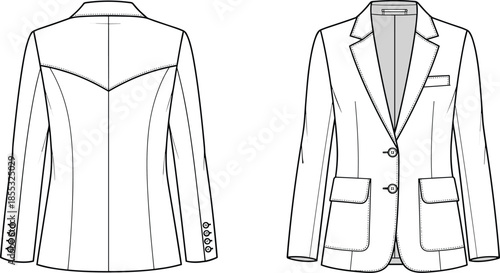 Women blazer fashion technical sketch, front and back view, tailored jacket vector template, clothing design flat sketch, corporate formal wear outline, garment illustration,