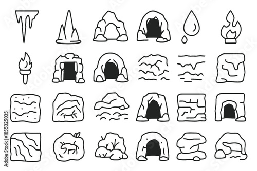 Cave Icon Elements. Line style icons of cave environments: stalactite, stalagmite, rock arch, dark tunnel, torch flame, stone