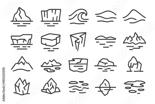 Polar Landscape Icons. Line style icons of polar landscapes: iceberg, glacier cliff, frozen wave, snow dune, ice shelf, floating