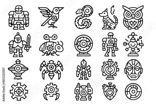 Mechanical Guardian Icons. Line style icons of Mechanical Guardians: iron sentinel, clockwork bird, gear serpent, bronze owl,