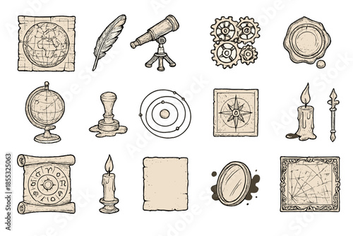Antique Astronomy Icons. Line style icons of antique astronomy: parchment map, quill, brass telescope, clockwork gears, celestial