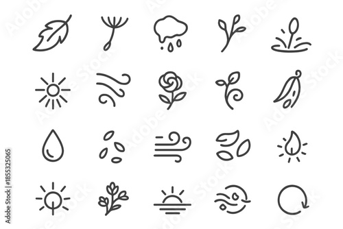 Seasonal Transition Icons. Line style icons of Seasonal Transition: falling leaf, drifting seed, melting frost, budding branch,