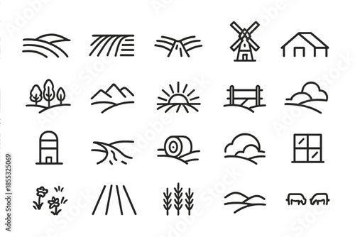 Farm Landscape Icons. Line style icons of Farm Landscape: rolling hills, field rows, irrigation canal, windmill tower, barn roof,