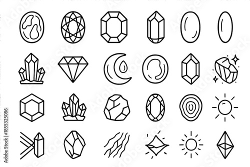 Gemstone Icon Collection. Line style icons of Gemstone Beauty: opal, amethyst, sapphire, emerald, quartz, diamond, moonstone, jade