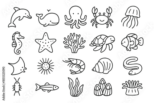 Sea Life Icons. Line style icons of Sea Life: dolphin, whale, octopus, crab, jellyfish, seahorse, starfish, coral, sea turtle,
