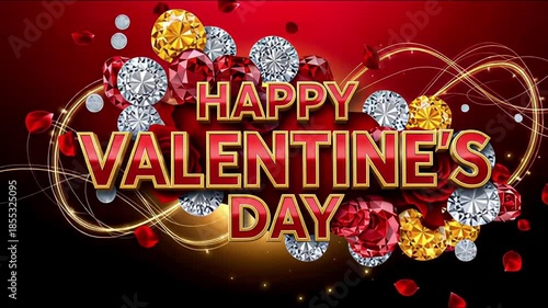 Valentine's Day Glam | Bold Gold & Red Text, Diamond Sparkles, Roses & Petals on Deep Red-Black Background | Romantic Visuals