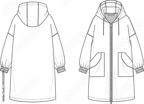 Women oversized hooded long jacket technical sketch, zip up parka front and back view, fashion flat template, outerwear garment illustration, clothing design,
