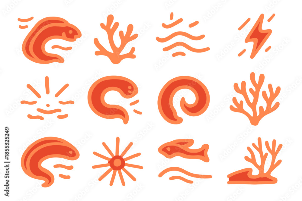 Obraz premium Neon Coral Electric Eel. olid style icons of Neon coral electric eel: glowing eel, bright coral, ocean light, pulse wave, sea