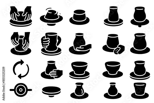 Wheel Throwing Icons. Solid style icons of Wheel throwing: potter hands, rotating clay, centered mound, open cylinder, raised