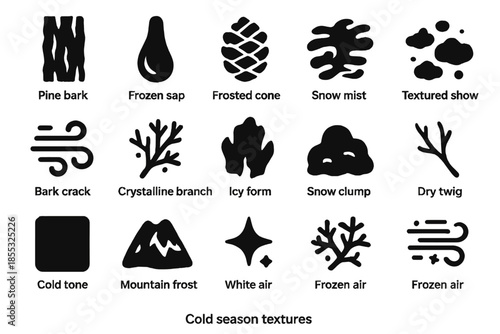 Cold Season Textures. Solid style icons of Cold season textures: pine bark, frozen sap, frosted cone, snow mist, wind trail,